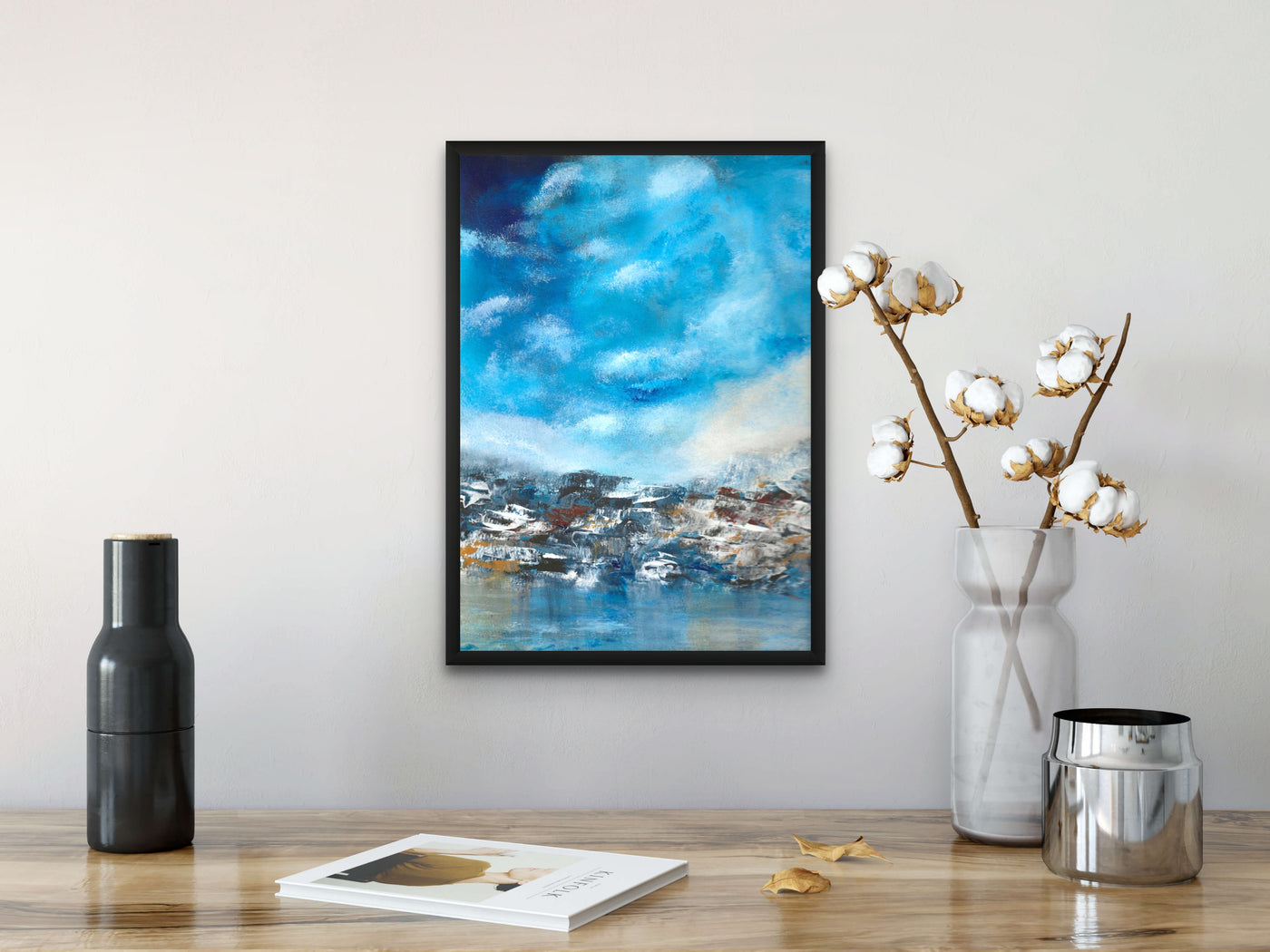 Azure Serenity, abstract painting of skies and mountains in blue
