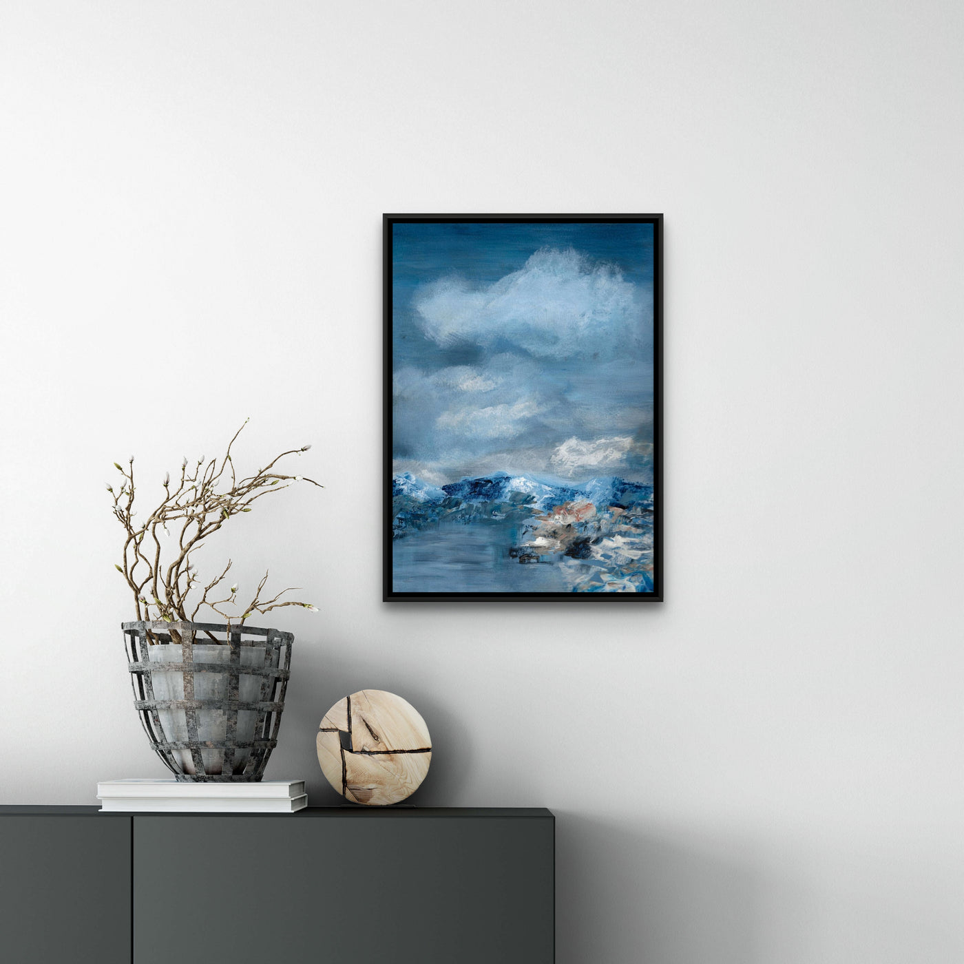 Bluescape Serenity, original abstract landscape with big skies and misty mountains in shades of blue