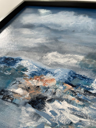 Bluescape Serenity, original abstract landscape with big skies and misty mountains in shades of blue