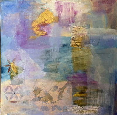 Evoke - Original Abstract painting in neutral blues and purples with gold highlights